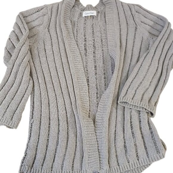 CALVIN KLEIN Gray/Taupe Cotton Knit Open Front Cardigan - Picture 4 of 12